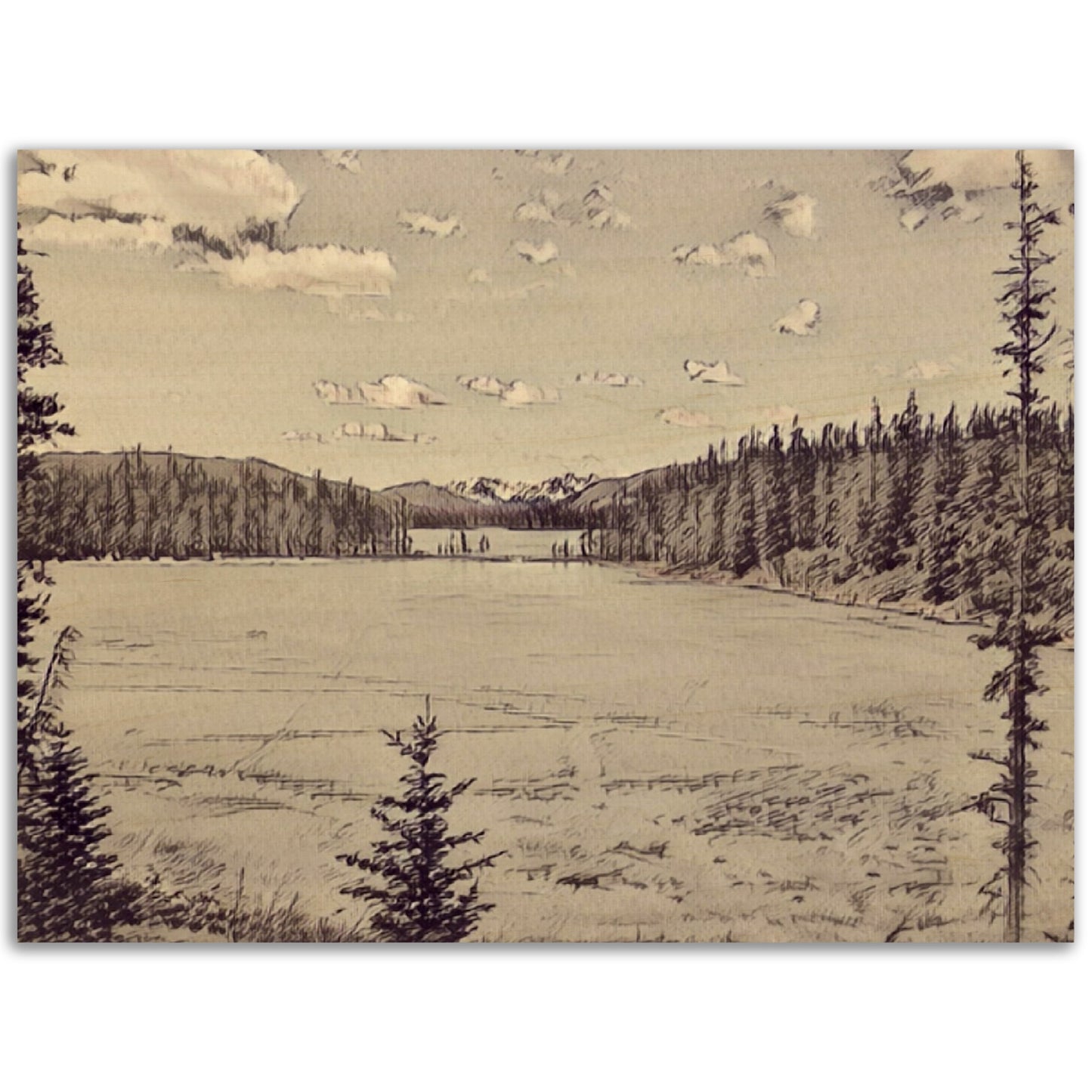 Printed on REAL Wood - Lake sketched image